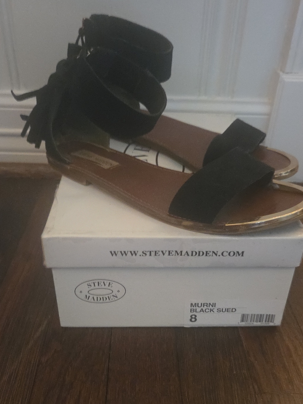 Steve Madden Black Suede Ankle-Tie Tassel Sandals